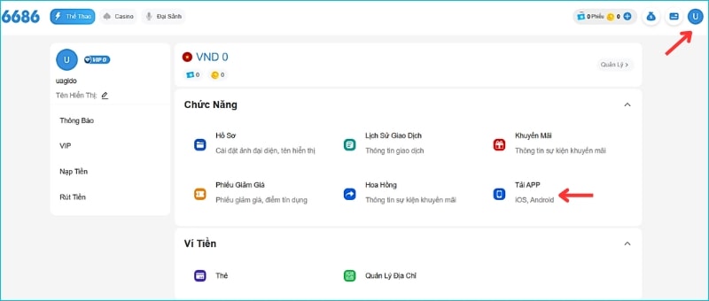 Thành viên đi đến trang tải app trên trang chủ
