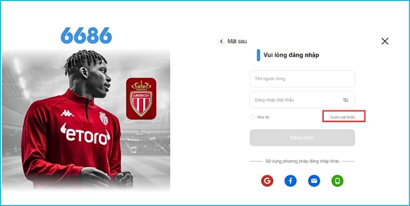 Thành viên nhấn chọn vào chức năng quên mật khẩu